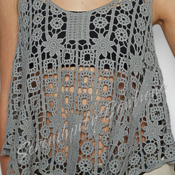 POL Oversized Crochet Squares Floral Patterned Semi Sheer Dove Grey Boho Top - Picture 5 of 11